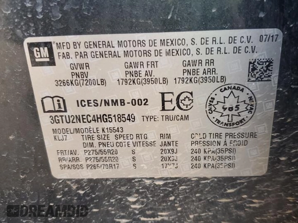 2017 GMC Sierra 1500 SLT z VIN 3GTU2NEC4HG518549, wystawiony jako Copart lot #56894335 z przebiegiem 127 021 mil mil oraz Tytuł czysty. Historia ofert i sprzedaży dostępna na DreamBid. Obrazek 12.