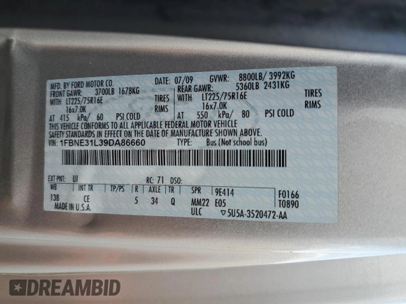 2009 Ford Econoline Passenger XL with VIN 1FBNE31L39DA86660, listed as a Copart auction lot 43724115 with 562,883 mi miles and Salvage title. Bid and sale history available at DreamBid. Image 13.
