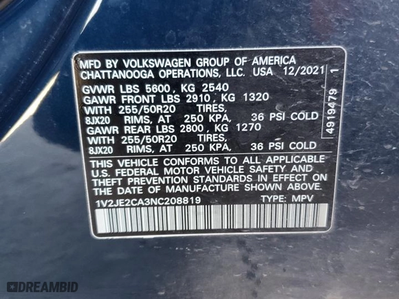 2022 Volkswagen Atlas Cross Sport 3.6L V6 SE w/Technology with VIN 1V2JE2CA3NC208819, listed as a Copart auction lot 88648115 with 106,851 mi miles and Salvage Title. Bid and sale history available at carsss.com. Image 15.