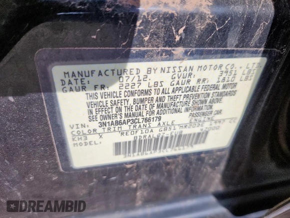 2012 Nissan Sentra SR z VIN 3N1AB6AP3CL766179, wystawiony jako Copart lot #61756735 z przebiegiem 97 573 mil mil oraz Czysty tytuł • Clean title. Historia ofert i sprzedaży dostępna na DreamBid. Obrazek 12.