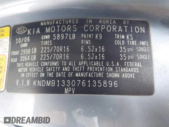 2007 Kia Sedona with VIN KNDMB133076135896, listed as a IAAI auction lot 41913992 with 225,817 mi miles and . Bid and sale history available at carsss.com. Image 9.