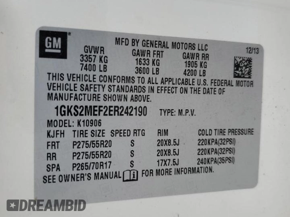 2014 GMC Yukon XL Denali with VIN 1GKS2MEF2ER242190, listed as a Copart auction lot 51598695 with 188,081 mi miles and Salvage Title. Bid and sale history available at carsss.com. Image 13.