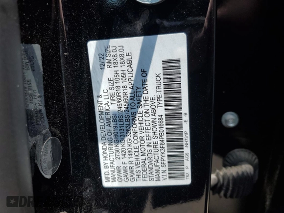 2023 Honda Ridgeline Black Edition with VIN 5FPYK3F84PB016684, listed as a Copart auction lot 58999785 with 45,171 mi miles and Salvage title. Bid and sale history available at DreamBid. Image 12.