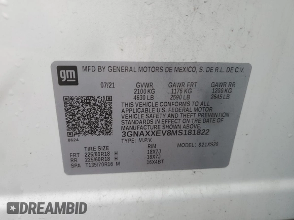 2021 Chevrolet Equinox Premier with VIN 3GNAXXEV8MS181822, listed as a Copart auction lot 84245104 with 24,642 mi miles and Non repairable. Bid and sale history available at DreamBid. Image 16.