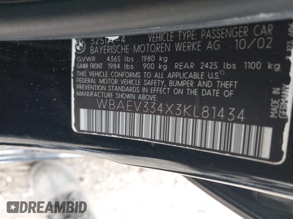 2003 BMW 3 Series 325i with VIN WBAEV334X3KL81434, listed as a IAAI auction lot 42186211 with 173,179 mi miles and . Bid and sale history available at DreamBid. Image 9.