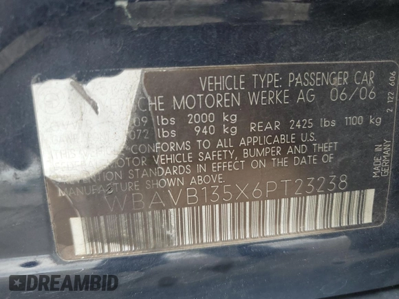 2006 BMW 3 Series 325i with VIN WBAVB135X6PT23238, listed as a Copart auction lot 62383815 with 274,464 mi miles and Salvage title. Bid and sale history available at DreamBid. Image 12.