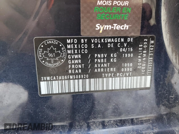 2015 Volkswagen Golf SportWagen TDI SE with VIN 3VWCA7AU6FM508920, listed as a Copart auction lot 43013504 with 265,438 mi miles. Bid and sale history available at carsss.com. Image 12.