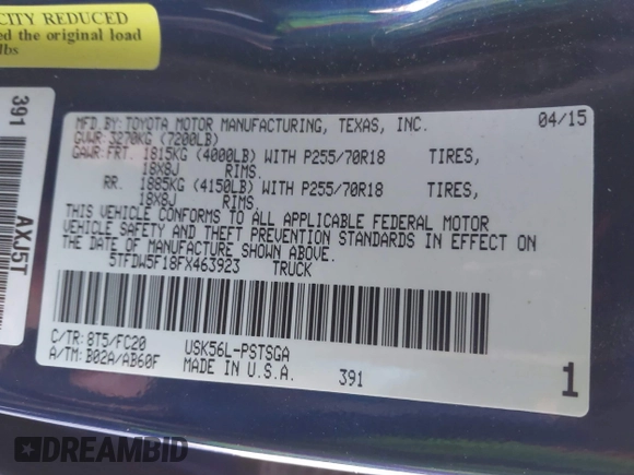 2015 Toyota Tundra SR5 with VIN 5TFDW5F18FX463923, listed as a IAAI auction lot 41625161 with 159,323 mi miles and . Bid and sale history available at DreamBid. Image 9.