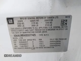 2012 GMC Terrain SLE-1 with VIN 2GKALMEK0C6377425, listed as a IAAI auction lot 41956159 with 195,377 mi miles and . Bid and sale history available at carsss.com. Image 9.