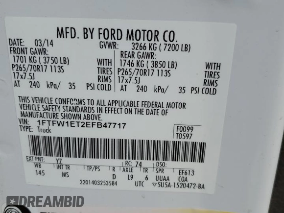 2014 Ford F-150 XL with VIN 1FTFW1ET2EFB47717, listed as a Copart auction lot 49323155 with 141,969 mi miles and Salvage title. Bid and sale history available at DreamBid. Image 14.