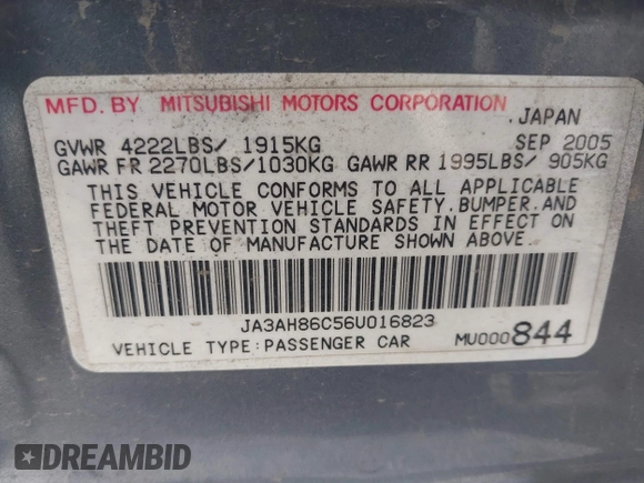 2006 Mitsubishi Lancer Evolution IX с VIN JA3AH86C56U016823, выставлен на аукционе IAAI как лот 42298601 с пробегом 144 171 миль миль и . История ставок и продаж доступна на DreamBid. Изображение 9.
