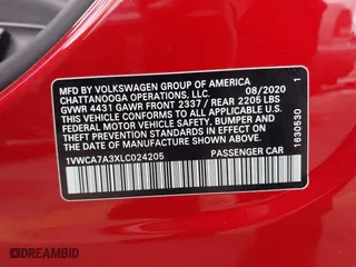 2020 Volkswagen Passat 2.0T SEL with VIN 1VWCA7A3XLC024205, listed as a IAAI auction lot 41782065 with 48,467 mi miles. Bid and sale history available at carsss.com. Image 9.