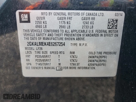 2014 GMC Terrain SLE with VIN 2GKALMEK4E6267254, listed as a Copart auction lot 53252135 with 127,056 mi miles and Clean Title. Bid and sale history available at DreamBid. Image 13.
