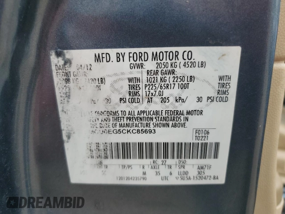 2012 Ford Escape Limited with VIN 1FMCU0EG5CKC85693, listed as a Copart auction lot 51789465 with 173,696 mi miles and Salvage Title. Bid and sale history available at DreamBid. Image 13.