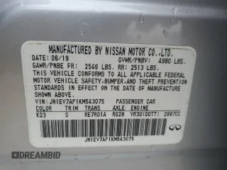 2019 Infiniti Q50 3.0t Signature Edition with VIN JN1EV7AP1KM543075, listed as a Copart auction lot 88492705 with 73,103 mi miles and Non Repairable. Bid and sale history available at carsss.com. Image 12.