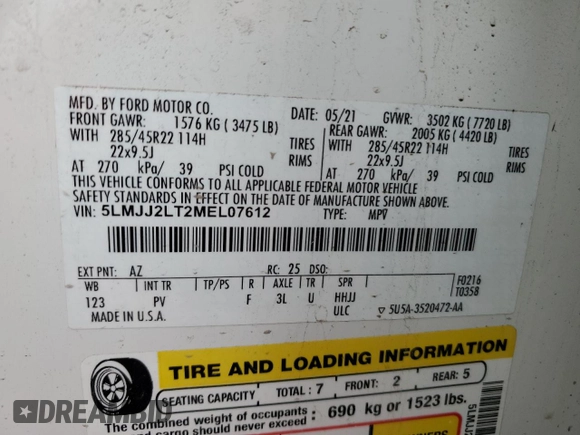 2021 Lincoln Navigator Reserve z VIN 5LMJJ2LT2MEL07612, wystawiony jako Copart lot #47704355 z przebiegiem Nie podano mil oraz Nie do naprawy • Non repairable. Historia ofert i sprzedaży dostępna na DreamBid. Obrazek 13.
