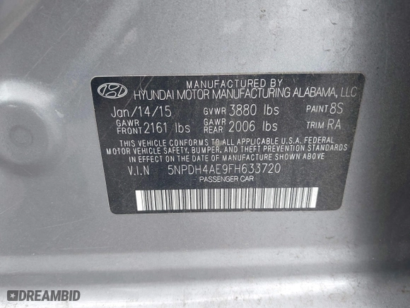 2015 Hyundai Elantra SE with VIN 5NPDH4AE9FH633720, listed as a IAAI auction lot 41983796 with 141,810 mi miles. Bid and sale history available at carsss.com. Image 9.