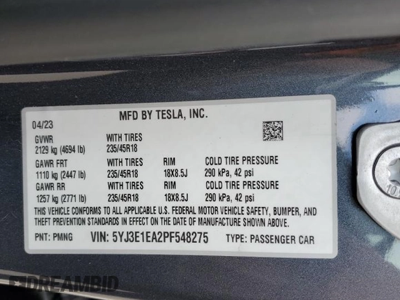 2023 Tesla Model 3 с VIN 5YJ3E1EA2PF548275, выставлен на аукционе Copart как лот 53606215 с пробегом 11 069 миль миль и Списание • Salvage title. История ставок и продаж доступна на DreamBid. Изображение 12.