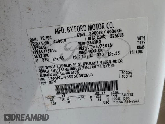 2005 Ford Excursion Eddie Bauer z VIN 1FMNU45S55EB52633, wystawiony jako Copart lot #56335435 z przebiegiem Nie podano mil oraz Czysty tytuł • Clean title. Historia ofert i sprzedaży dostępna na DreamBid. Obrazek 13.