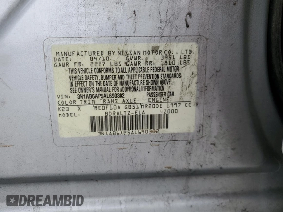 2010 Nissan Sentra 2.0 with VIN 3N1AB6AP5AL690302, listed as a Copart auction lot 60428935 with 192,461 mi miles and Salvage title. Bid and sale history available at DreamBid. Image 13.