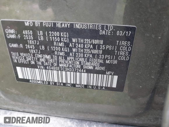 2017 Subaru Outback Touring z VIN 4S4BSETC3H3372444, wystawiony jako IAAI lot #41943344 z przebiegiem 109 795 mil mil oraz . Historia ofert i sprzedaży dostępna na DreamBid. Obrazek 9.