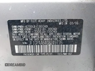 2016 Subaru Impreza 2.0i z VIN JF1GPAA64G8249776, wystawiony jako IAAI lot #42019229 z przebiegiem 95 959 mil mil oraz . Historia ofert i sprzedaży dostępna na DreamBid. Obrazek 9.