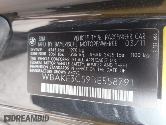 2011 BMW 3 Series 328i z VIN WBAKE3C59BE558791, wystawiony jako IAAI lot #42171294 z przebiegiem 59 256 mil mil oraz . Historia ofert i sprzedaży dostępna na DreamBid. Obrazek 9.
