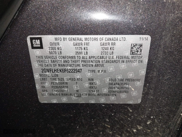 2015 Chevrolet Equinox LTZ with VIN 2GNFLHEK6F6222947, listed as a IAAI auction lot 41465766 with 132,331 mi miles. Bid and sale history available at carsss.com. Image 9.