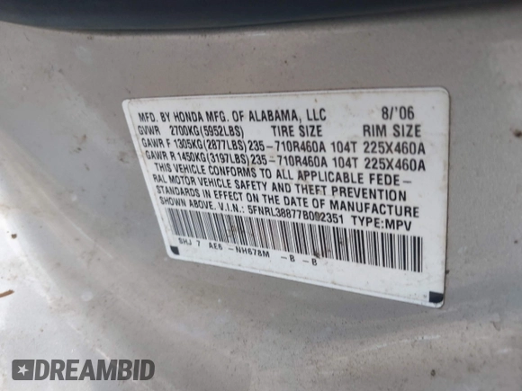 2007 Honda Odyssey Touring with VIN 5FNRL38877B002351, listed as a IAAI auction lot 41930355 with 254,929 mi miles. Bid and sale history available at carsss.com. Image 9.
