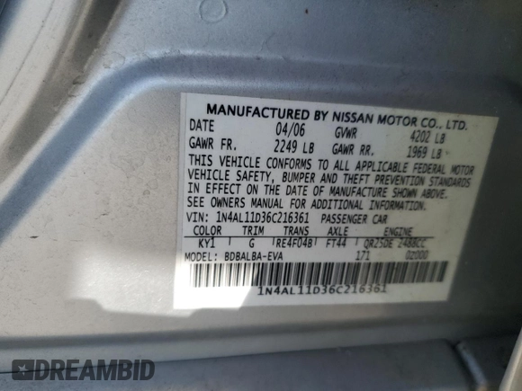 2006 Nissan Altima S z VIN 1N4AL11D36C216361, wystawiony jako Copart lot #59884525 z przebiegiem 182 007 mil mil oraz Szkoda całkowita • Salvage title. Historia ofert i sprzedaży dostępna na DreamBid. Obrazek 12.