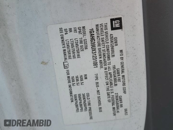 2003 Chevrolet Express Passenger with VIN 1GAHG39UX31231081, listed as a Copart auction lot 62132445 with 207,650 mi miles and Salvage title. Bid and sale history available at DreamBid. Image 13.