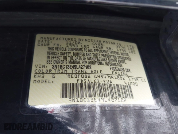 2009 Nissan Versa 1.8 SL with VIN 3N1BC13E49L427102, listed as a IAAI auction lot 41553357 with 133,300 mi miles. Bid and sale history available at carsss.com. Image 9.