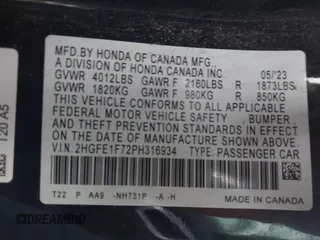 2023 Honda Civic Sedan EX with VIN 2HGFE1F72PH316934, listed as a IAAI auction lot 41538109 with 43,746 mi miles. Bid and sale history available at carsss.com. Image 9.