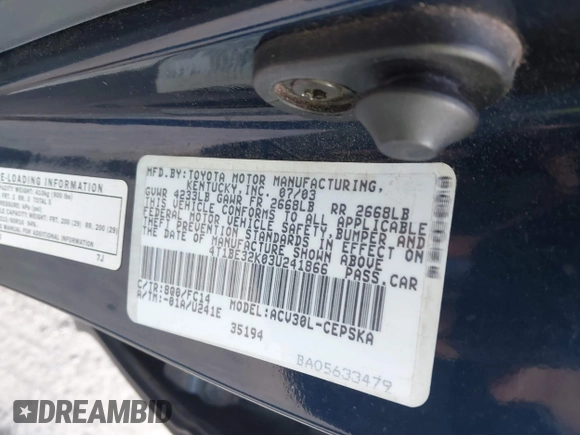 2003 Toyota Camry LE with VIN 4T1BE32K03U241866, listed as a IAAI auction lot 41778603 with 181,603 mi miles and . Bid and sale history available at DreamBid. Image 9.