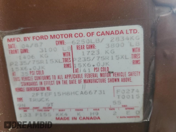 1987 Ford F-150 with VIN 2FTEF15H8HCA66731, listed as a Copart auction lot 58696774 with 81,683 mi miles and Salvage Title. Bid and sale history available at carsss.com. Image 12.