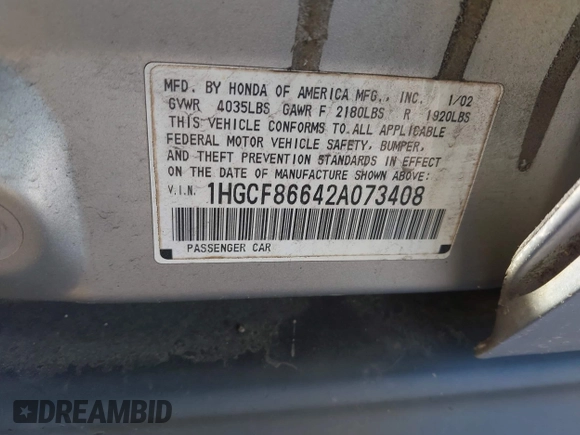 2002 Honda Accord VP z VIN 1HGCF86642A073408, wystawiony jako IAAI lot #42165850 z przebiegiem 71 998 mil mil oraz . Historia ofert i sprzedaży dostępna na DreamBid. Obrazek 9.