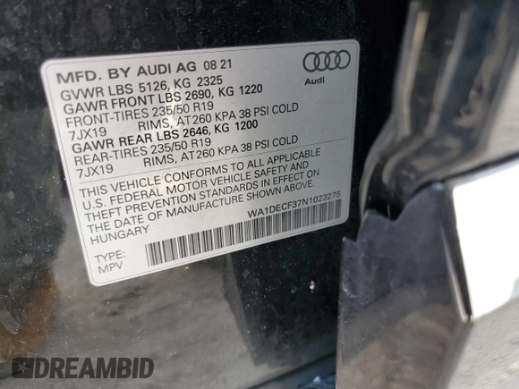 2022 Audi Q3 S line Premium with VIN WA1DECF37N1023275, listed as a Copart auction lot 48208323 with 17,800 mi miles and . Bid and sale history available at DreamBid. Image 14.