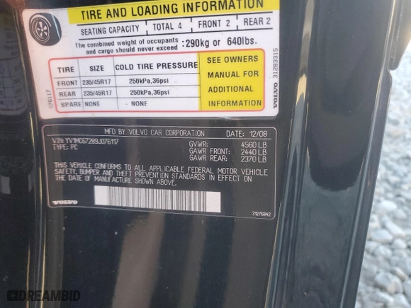2009 Volvo C70 with VIN YV1MC67289J076117, listed as a Copart auction lot 82969644 with 192,359 mi miles and Salvage Title. Bid and sale history available at carsss.com. Image 12.