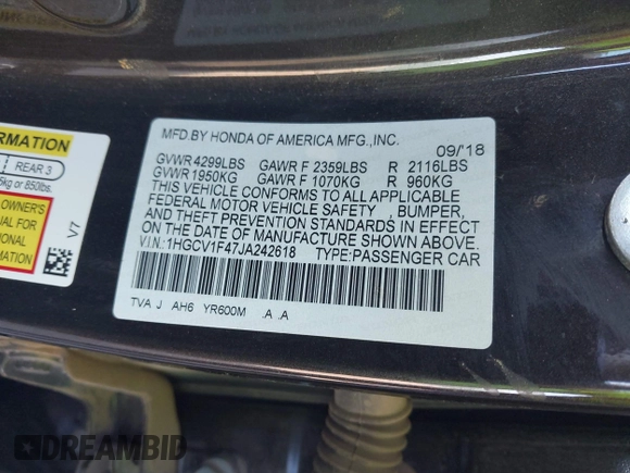 2018 Honda Accord EX z VIN 1HGCV1F47JA242618, wystawiony jako IAAI lot #41994851 z przebiegiem 67 715 mil mil oraz . Historia ofert i sprzedaży dostępna na DreamBid. Obrazek 9.