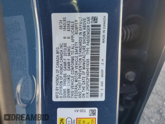 2025 Honda Civic Sport with VIN 2HGFE2F54SH519305, listed as a Copart auction lot 54912895 with 6,146 mi miles and Salvage title. Bid and sale history available at DreamBid. Image 12.