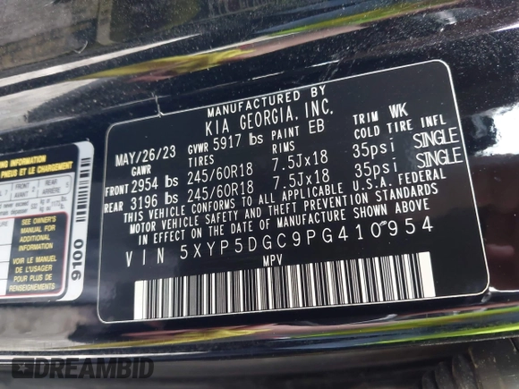 2023 Kia Telluride SX Prestige X-Pro с VIN 5XYP5DGC9PG410954, выставлен на аукционе IAAI как лот 42256472 с пробегом 32 378 миль миль и . История ставок и продаж доступна на DreamBid. Изображение 9.