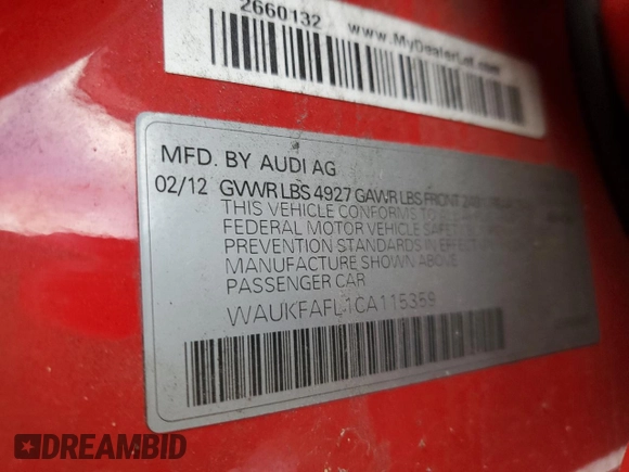2012 Audi A4 Prestige с VIN WAUKFAFL1CA115359, выставлен на аукционе Copart как лот 43411905 с пробегом 130 157 миль миль и Чистый • Clean title. История ставок и продаж доступна на DreamBid. Изображение 12.