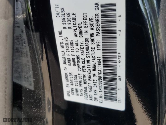 2012 Honda Accord Cpe EX-L with VIN 1HGCS2B81CA008047, listed as a Copart auction lot 48908915 with 118,801 mi miles and Salvage Title. Bid and sale history available at carsss.com. Image 12.
