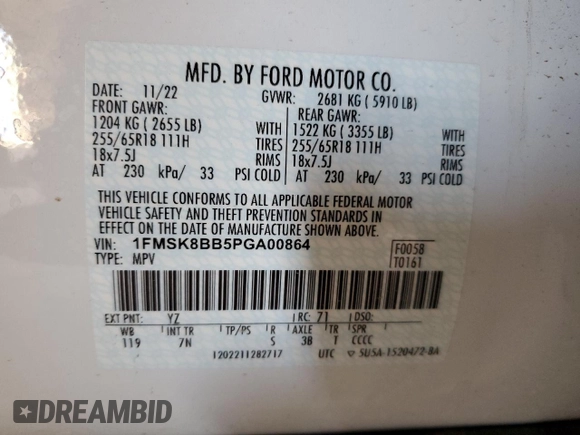 2023 Ford Explorer with VIN 1FMSK8BB5PGA00864, listed as a Copart auction lot 82433904 with 13,366 mi miles and Salvage Title. Bid and sale history available at carsss.com. Image 12.