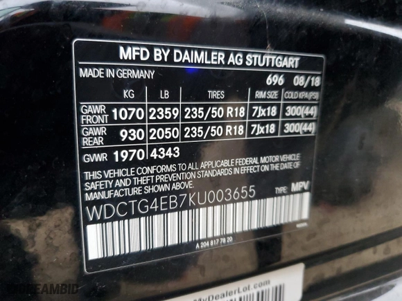 2019 Mercedes-Benz GLA with VIN WDCTG4EB7KU003655, listed as a Copart auction lot 43636025 with 46,147 mi miles and Salvage Title. Bid and sale history available at carsss.com. Image 14.