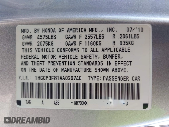 2010 Honda Accord EX-L with VIN 1HGCP3F81AA029740, listed as a IAAI auction lot 42112192 with 140,674 mi miles and . Bid and sale history available at DreamBid. Image 9.