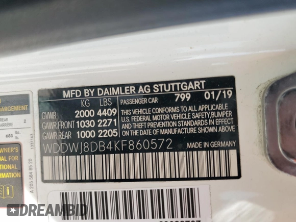 2019 Mercedes-Benz C 300 with VIN WDDWJ8DB4KF860572, listed as a Copart auction lot 47736605 with 38,051 mi miles and Salvage title. Bid and sale history available at DreamBid. Image 13.