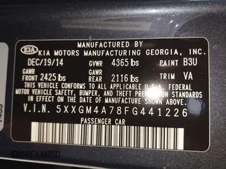 2015 Kia Optima LX with VIN 5XXGM4A78FG441226, listed as a IAAI auction lot 42576517 with 166,212 mi miles and . Bid and sale history available at DreamBid. Image 9.