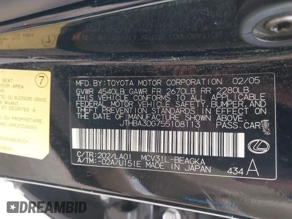 2005 Lexus ES 330 with VIN JTHBA30G755108113, listed as a IAAI auction lot 41831539 with 237,890 mi miles. Bid and sale history available at carsss.com. Image 9.