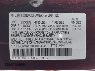 2017 Honda CR-V EX-L with VIN 5J6RW2H8XHL064045, listed as a IAAI auction lot 41311602 with 62,671 mi miles. Bid and sale history available at carsss.com. Image 9.